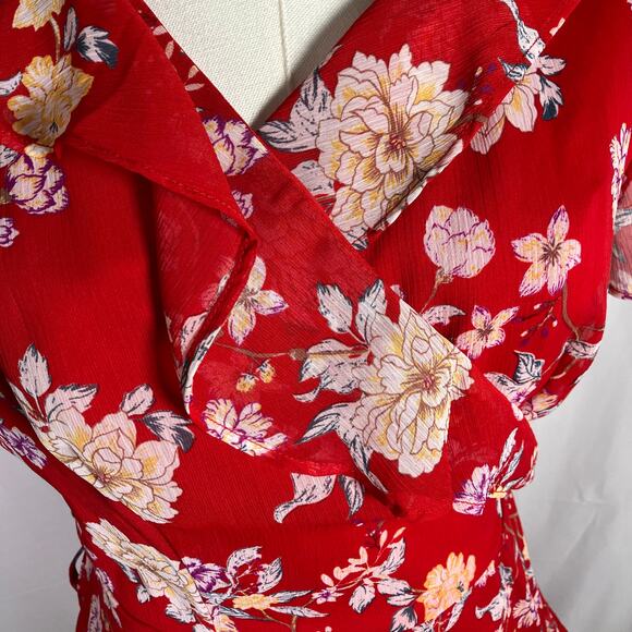 Lush Red Floral Wrap Dress Women's Medium Short Sleeve Ruffle Chiffon Lined - Picture 3 of 15